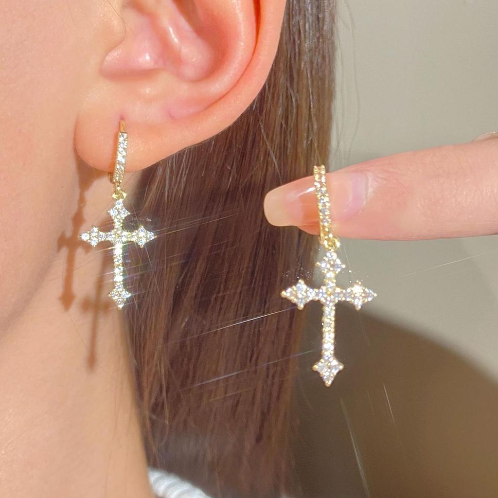 Gothic Rhinestone Cross Dangle Earrings for Women - European and American Style