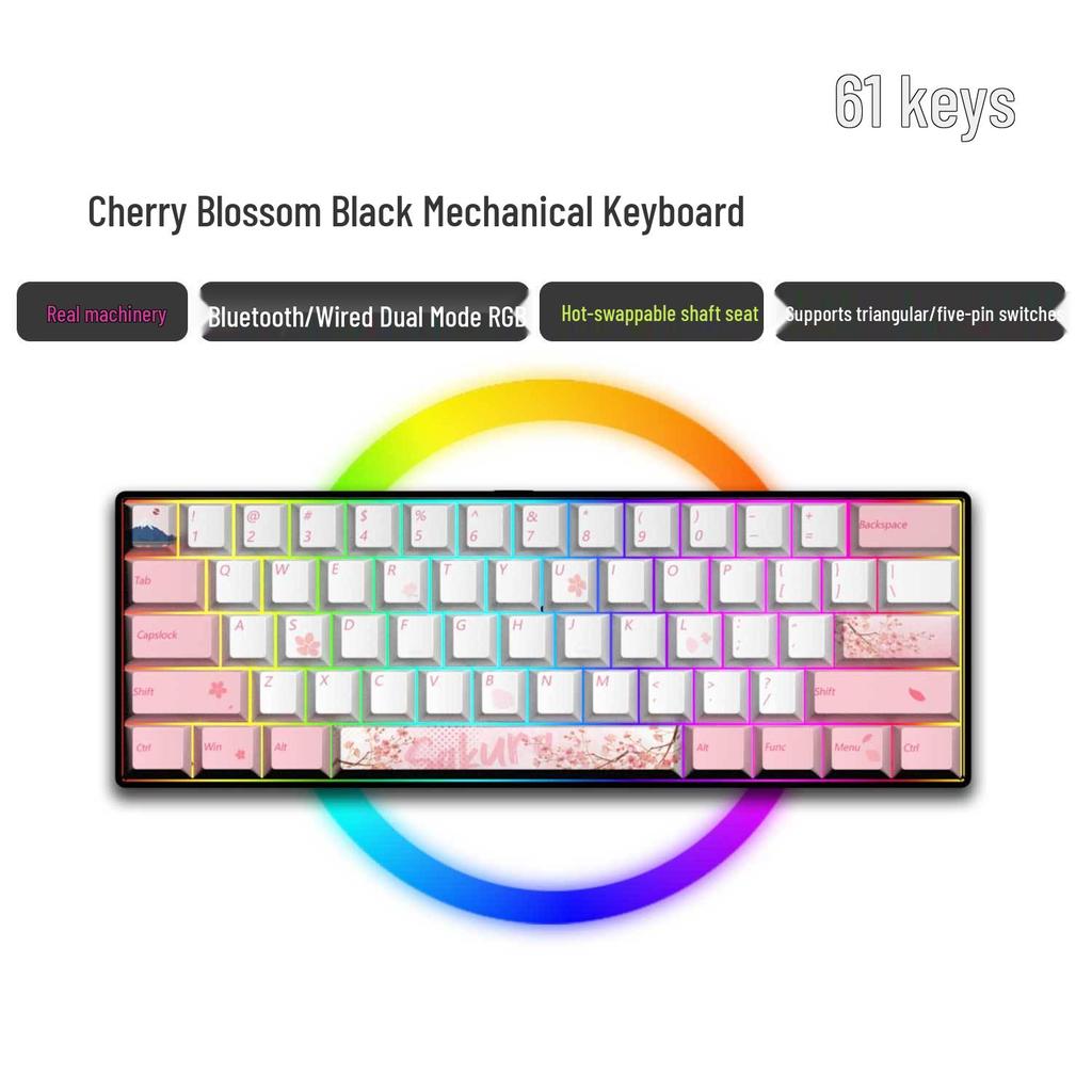 Dual-Mode 61-Key Wireless/Wired Mechanical Keyboard - Compact, Portable, Silent Gaming/Office Design for Girls