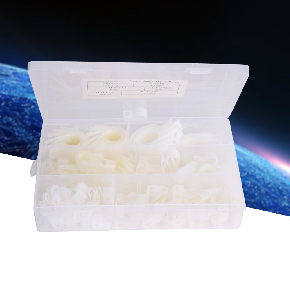 200 szt. Plastikowe Nylonowe Klamry Kablowe Typ R Typ P Klipsy do Przewodów Mocowania Pudełko Asortymentowe(Biały )