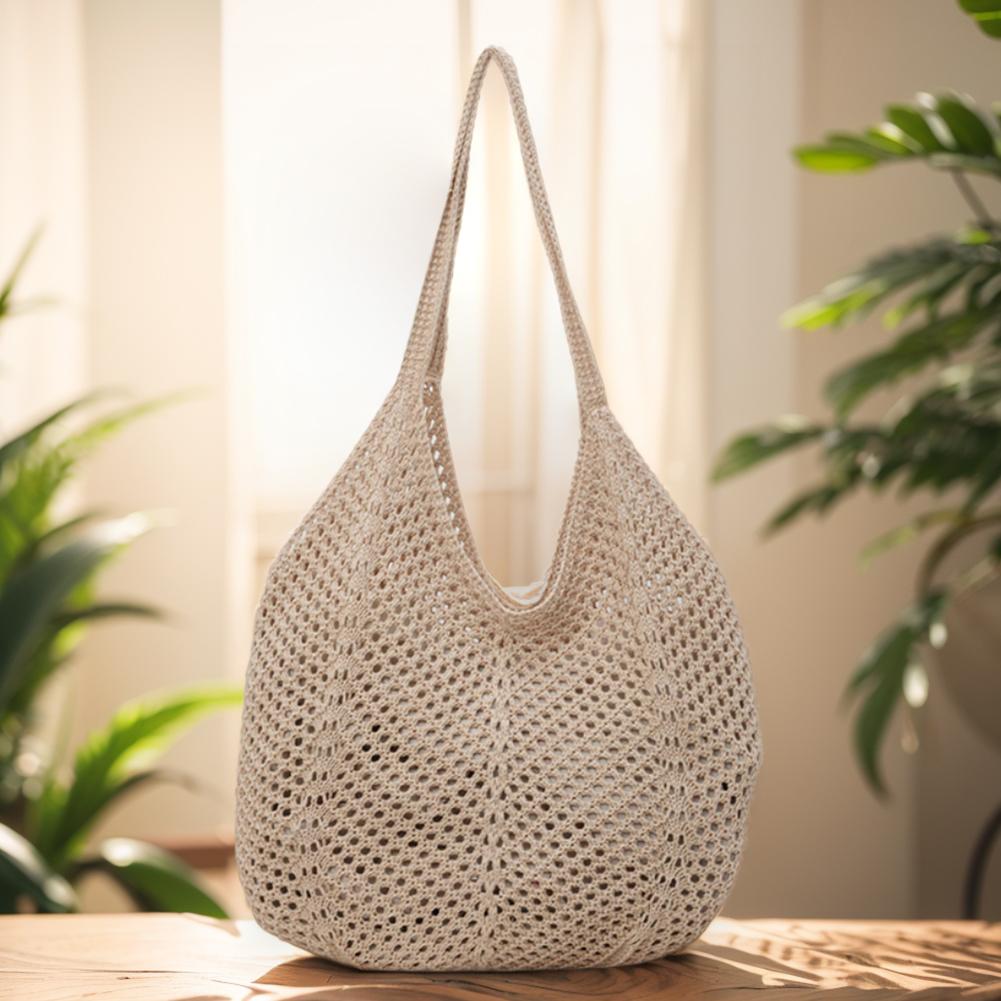 Women Knitting Shoulder Bag Large Capacity Hollow Woven Underarm Bag Solid Color Hand Knitted Tote Handbag Summer Mesh Beach Bag