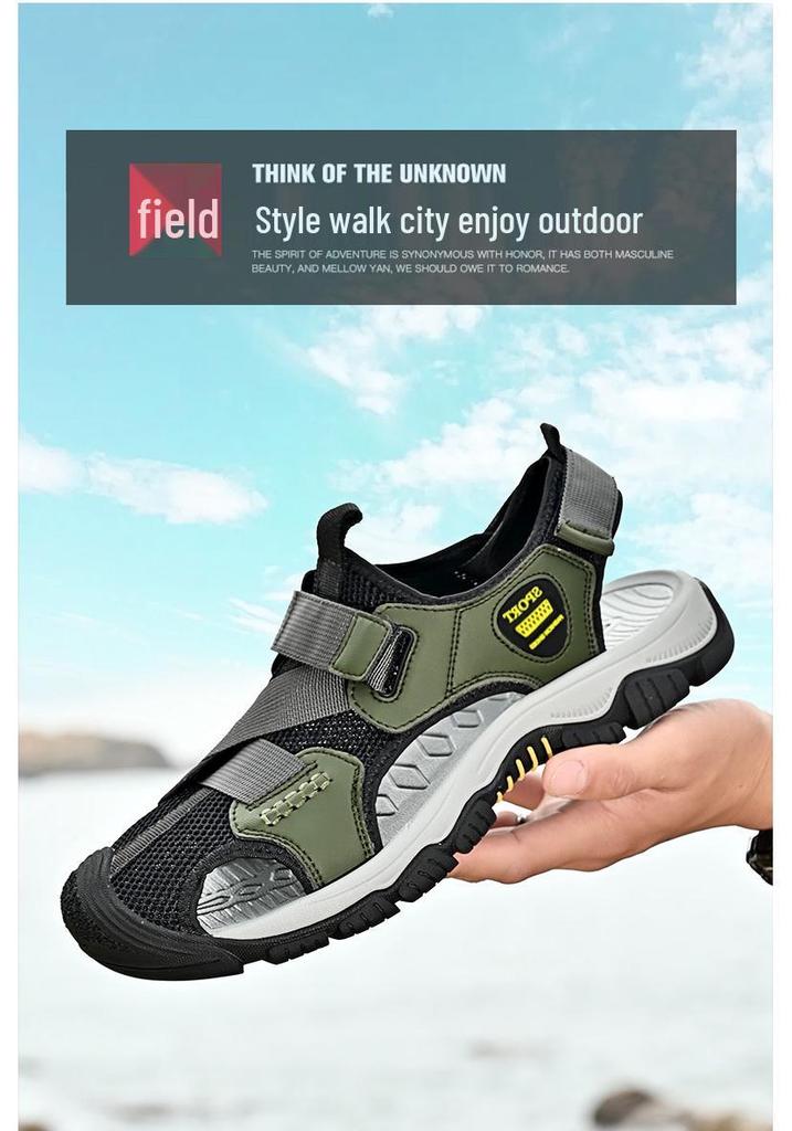 Men's Plus Size Breathable Mesh Beach Sandals, Non-Slip Outdoor Closed-Toe Velcro Shoes