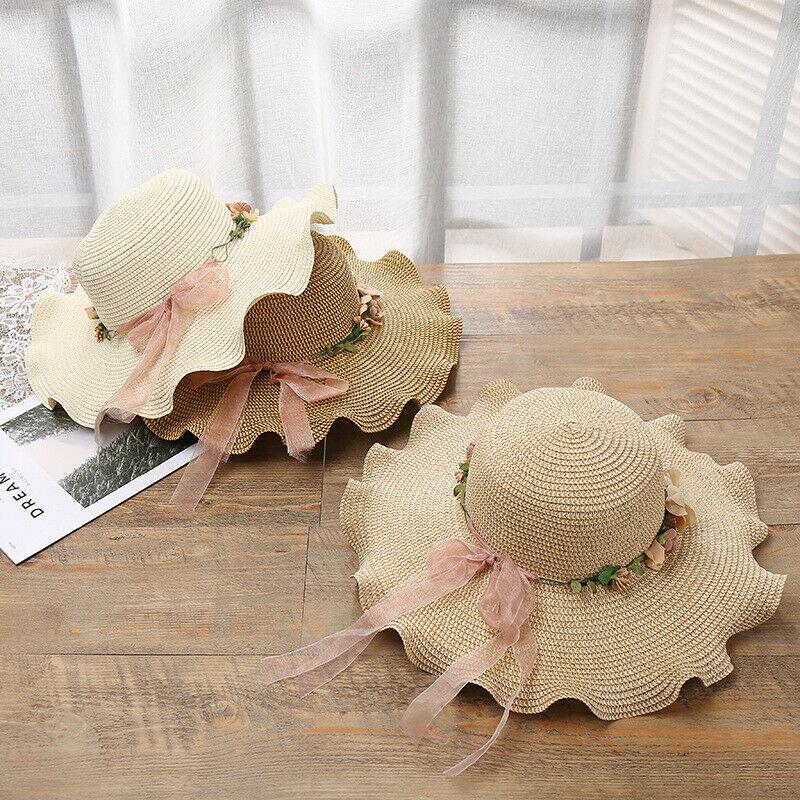 Ladies Womens Summer Sun Beach Floppy Floral Straw Hat Foldable Large Brim Hats
