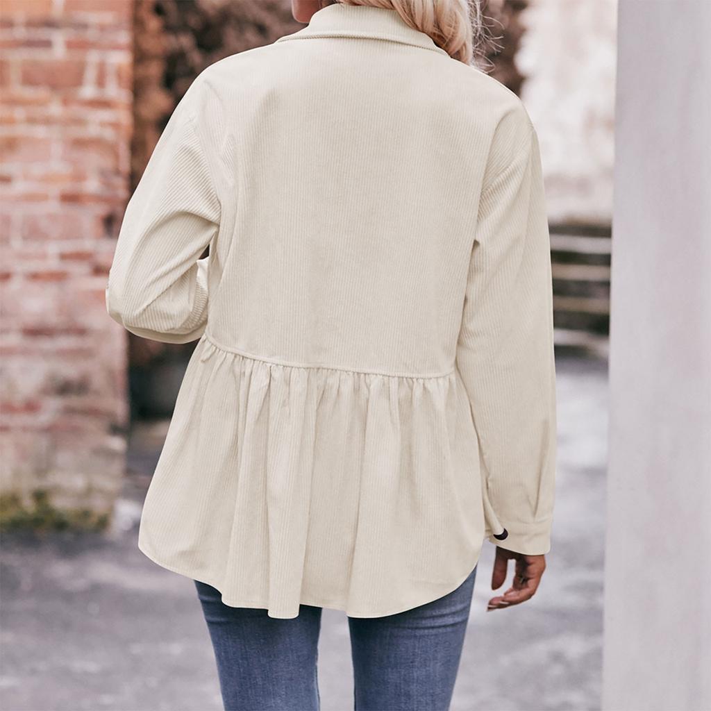 Women's Casual Long Sleeve Stand Collar Corduroy Solid Color Top Shirt