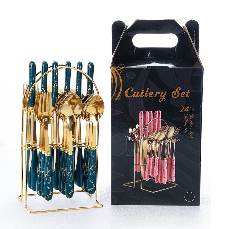 Stainless Steel 24-Piece Cutlery Set with Imitation Ceramic Handles - Includes Knives, Forks, and Spoons in Gift Box.