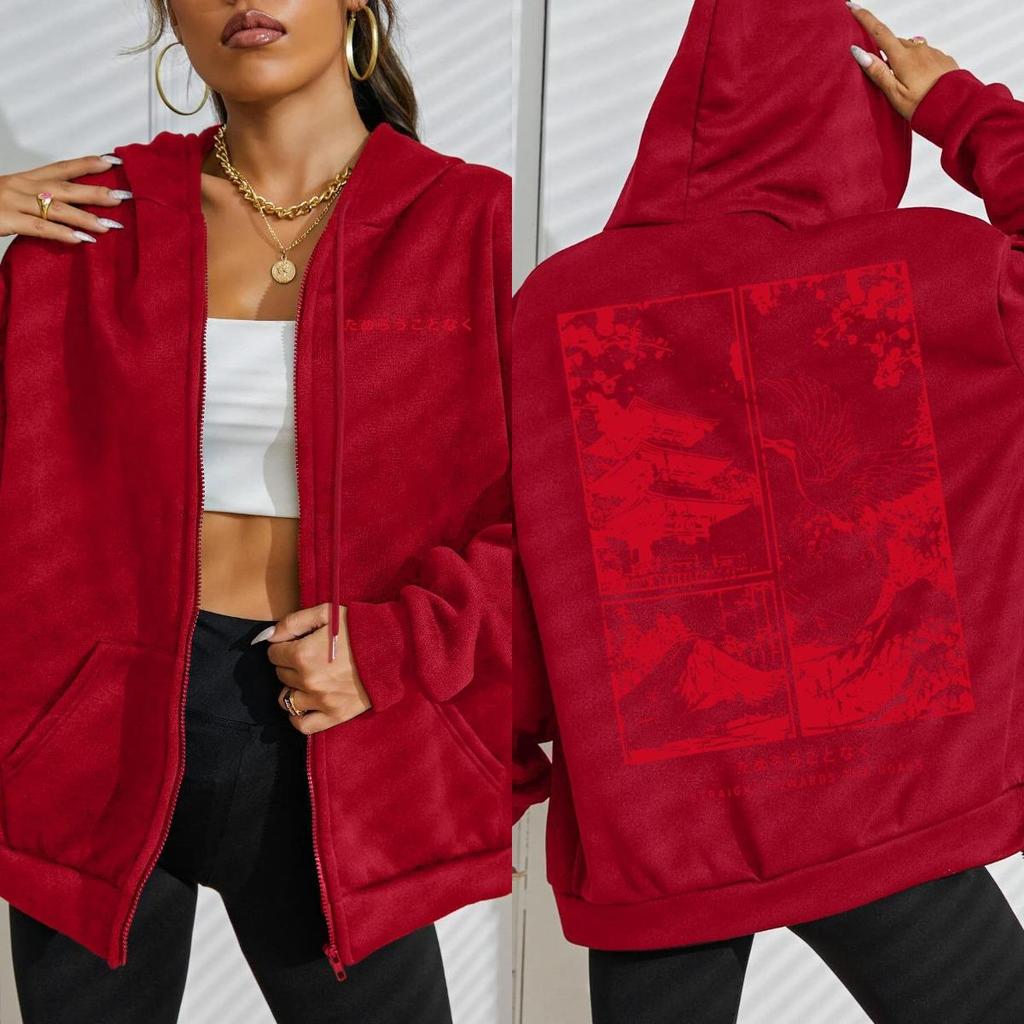 Japan Building Cherry Bloom Harajuku Crane Print Women Hoodie Street Loose Hoodies Zipper Fleece Hoody Soft Clothing