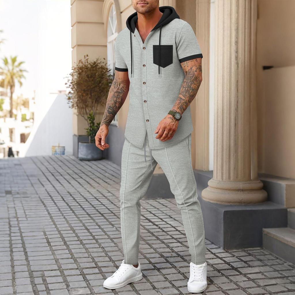 Men's Checkered Hooded Two-Piece Set - Summer Lace-up Casual Sportswear