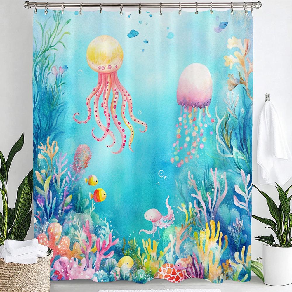 1Pc Blue Ocean, Hippocampus Print Waterproof Shower Curtain,Underwater World Bathing Curtain Partition Privacy Hanging Curtain