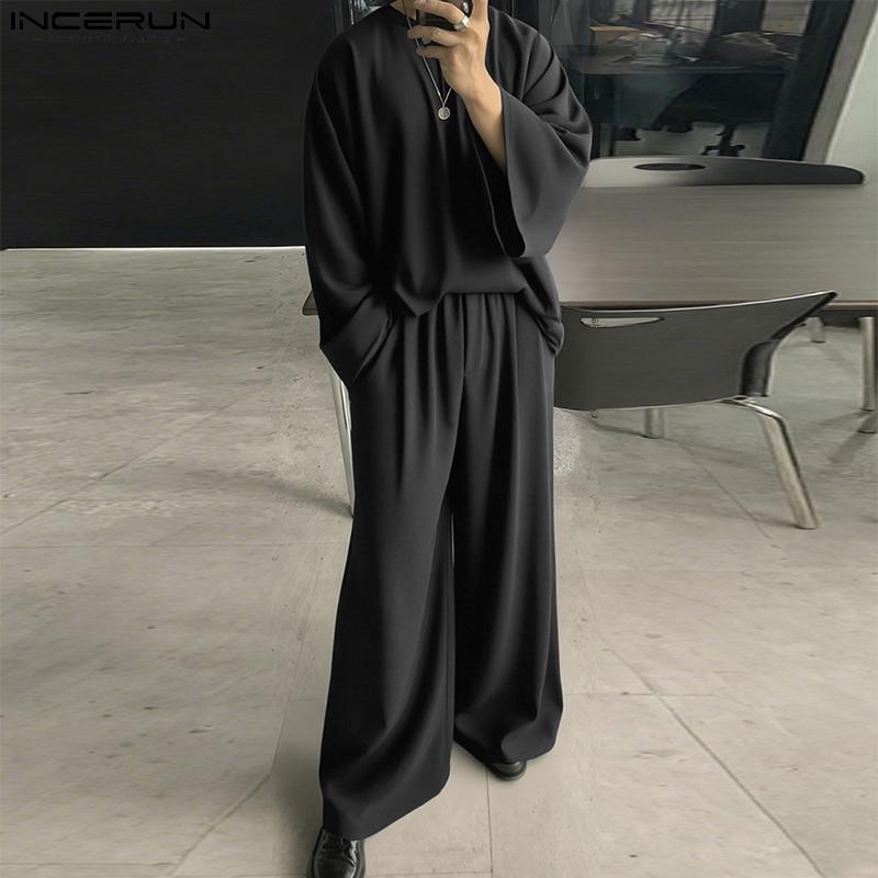 INCERUN Two Piece Suit Men Drop Shoulder Long Sleeve Tops Long Pants Casual Sets