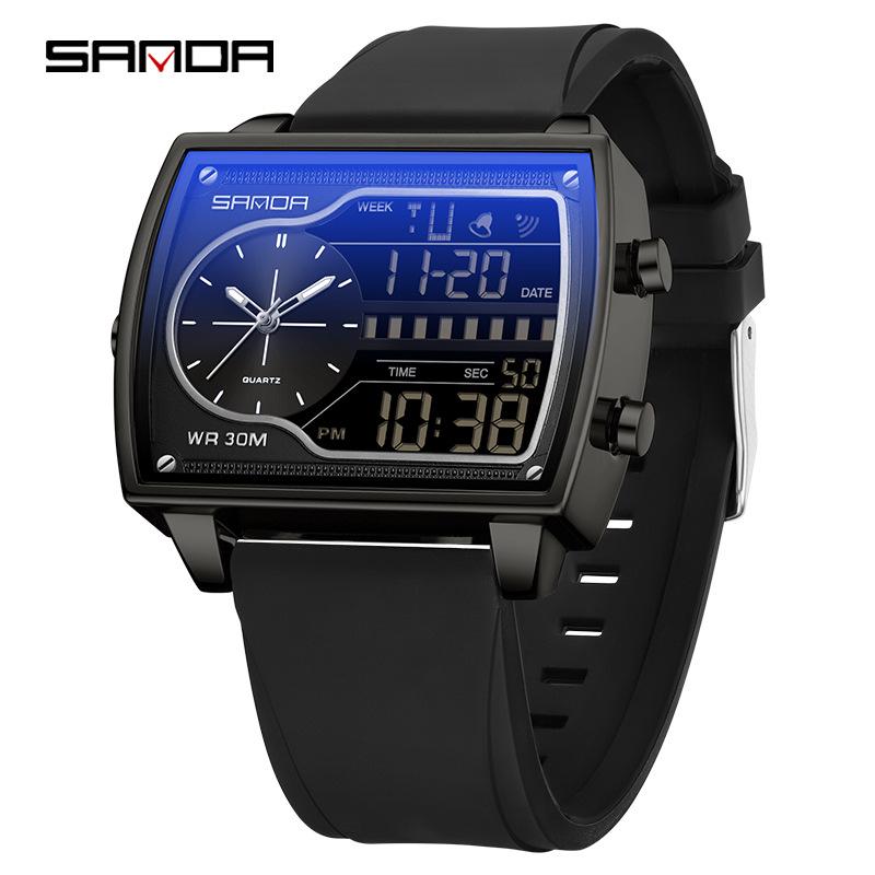 שעון ספורט רב-תכליתי עמיד למים לגברים מבית Sanda עם תצוגה כפולה מסוגננת.