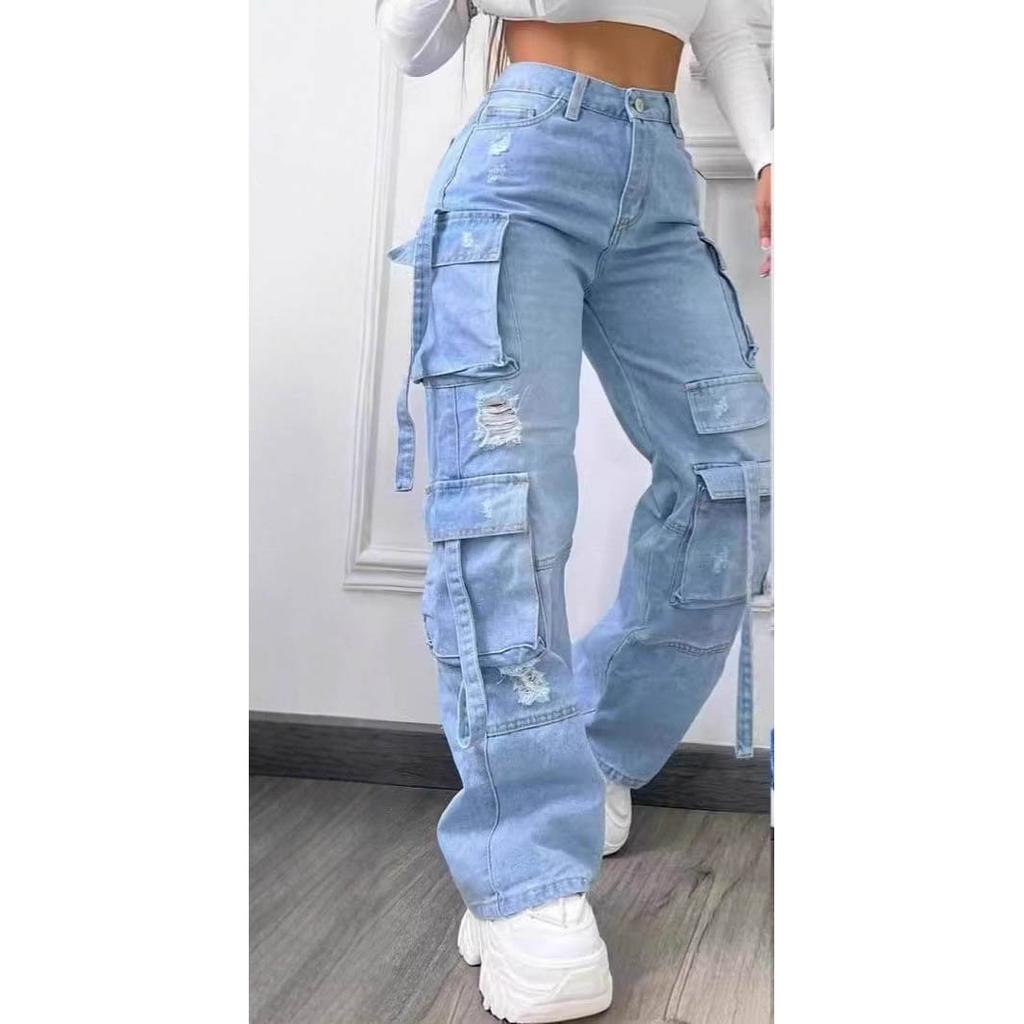 Effen Kleur Casual Werkkleding Denim Hoge Taille Meerdere Zakken Losse Pasvorm Dames Jeans Veelzijdig Grote Maten