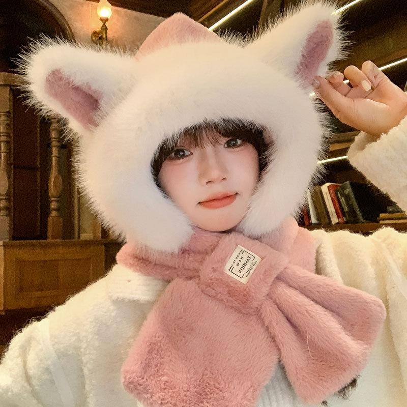 Autumn and Winter New Warm Plush Scarf Hooded Plush Thickened Cute Bear Hat Scarf Integrated Two-piece Set for Women