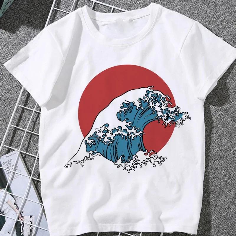 This Stylish Women's Summer T-shirt Features A Whale and Wave Print, in A Trendy Japanese Harajuku Style.Summer Streetwear Y2K