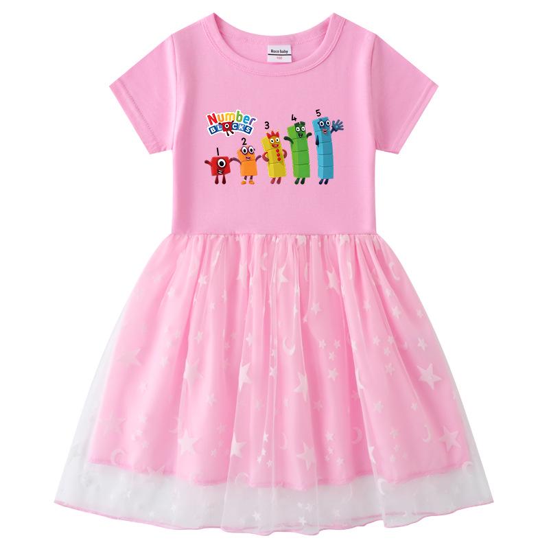 Kinderkleid im koreanischen Stil: Kurzarm Sommer oder Langarm Frühling/Herbst, Sterne Regenbogen Pailletten, Netz Falten Prinzessinnen Design.