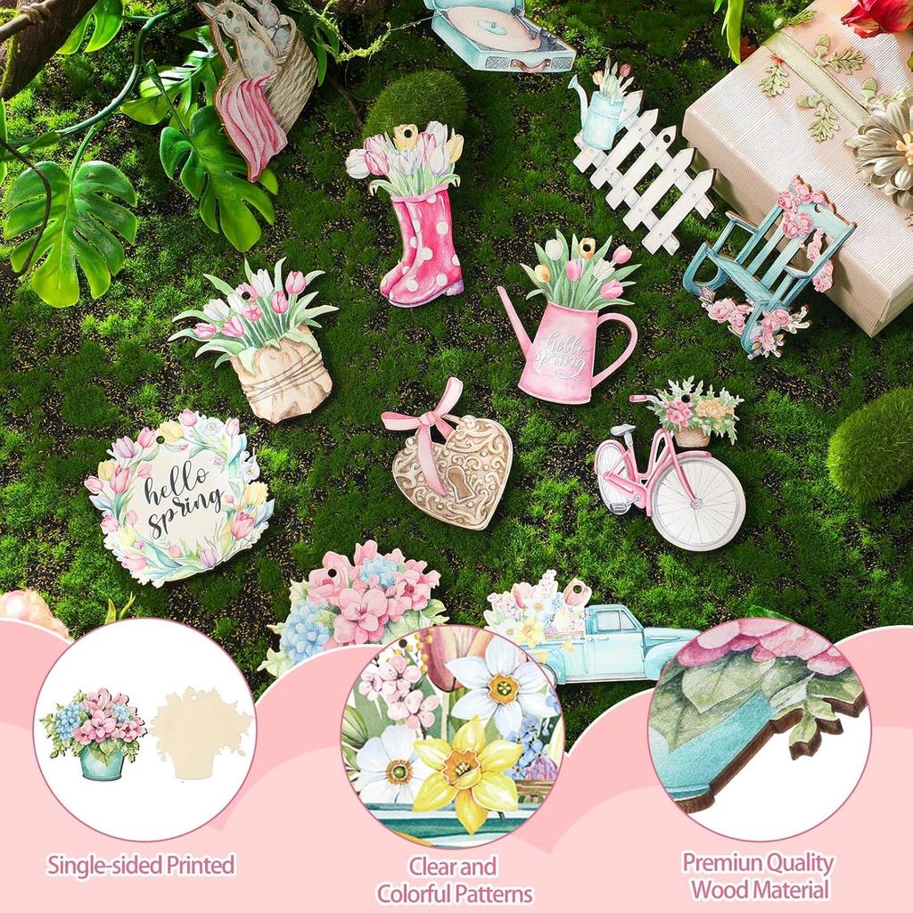 36 Pcs Pastel Spring Ornaments for Tree Wooden Flower Decorations Tulip Truck Watercolor Floral Hanging Decor Wood Spring Decor for Home Small Tree