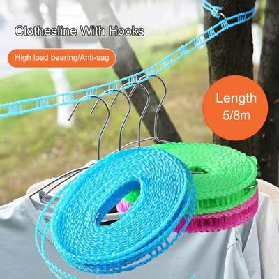 3Pcs 5/10M Clothesline with Stainless Steel Hooks Portable Travel Heavy Duty Anti-slip Windproof Indoor Outdoor Camping Clothing Drying Rope