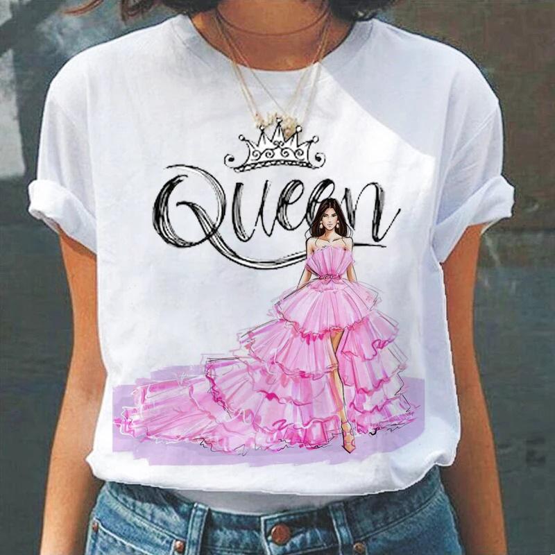 Camiseta de Verano de Cuello Redondo con Estampado 3D de Patrón de Reina, Camisetas de Mujer Casuales de Moda de Manga Corta
