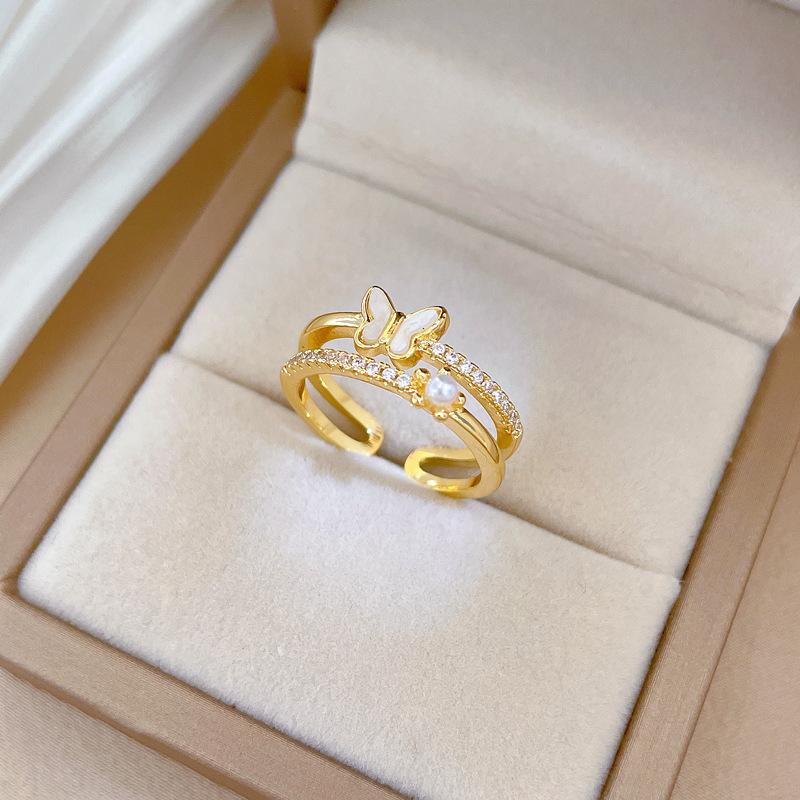 Real Gold Shell Butterfly Full Diamond Ring Opening Adjustable Simple Jewelry Japanese Ring Couple Ring