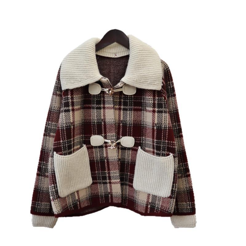 Removable Double-layer Neck Plaid Sweater Jacket Women's Autumn and Winter New High-end Knitted Double-sided Woolen Cardigan