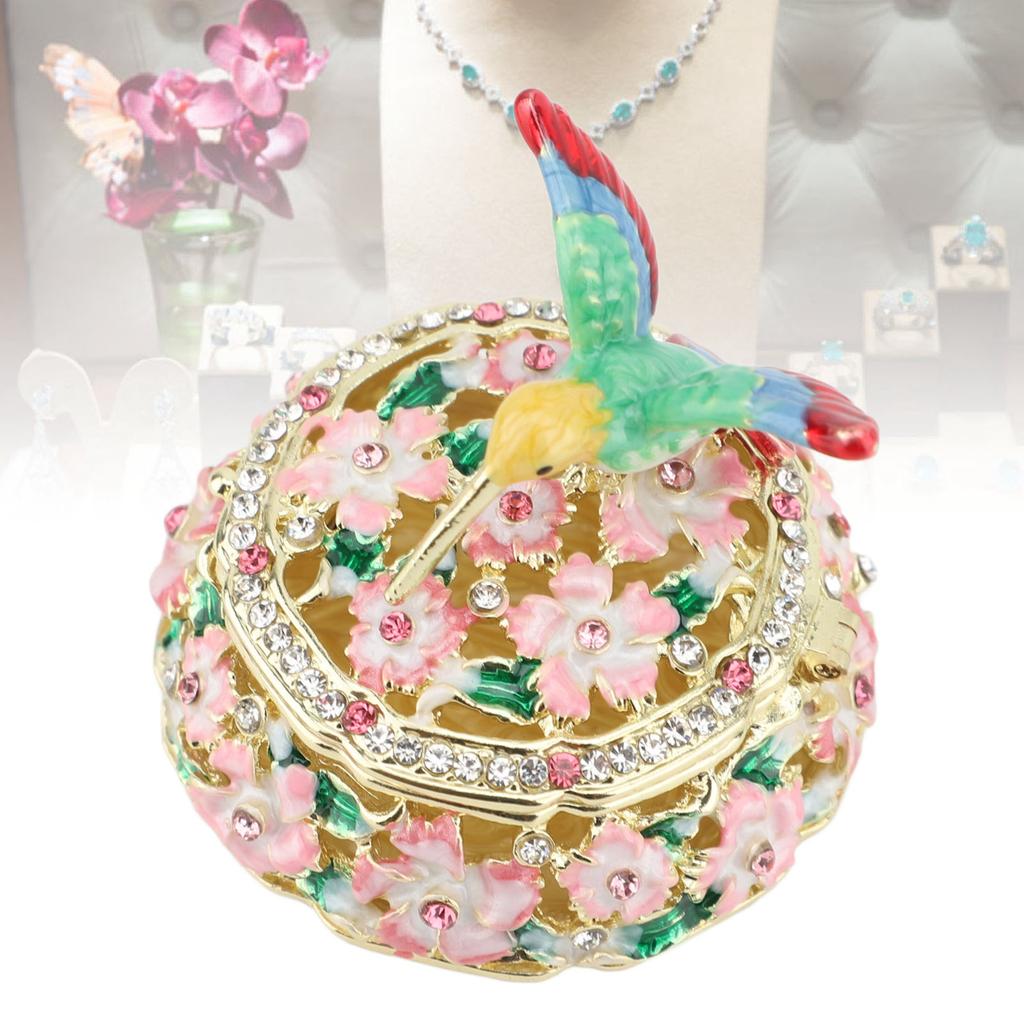 Round Pattern Enameled Jewelry Box Decorative Metal Trinket Box Vintage Jewelry for Desktop and Bedroom