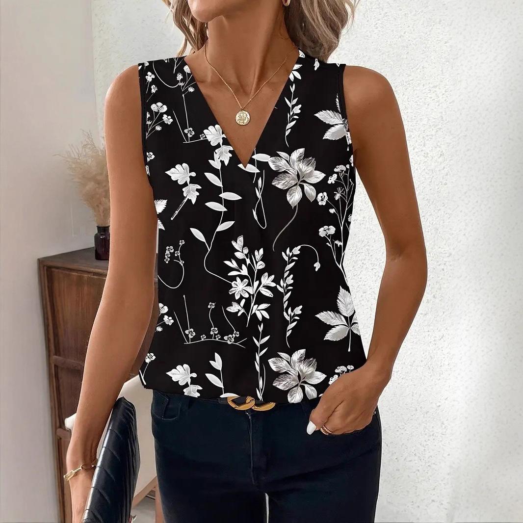 Women S V Neck Sleeveless Floral Blouse Button Down Casual Summer Silk Like Vest Top XL