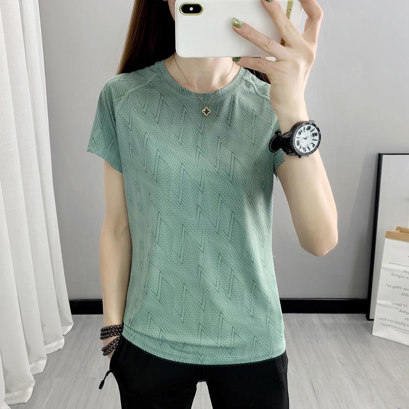 Women's Quick-Dry Mesh Printed Sports T-Shirt - Summer Round Neck, Short Sleeve, Sweat-Wicking, Ice Silk Fabric for Running & Fitness