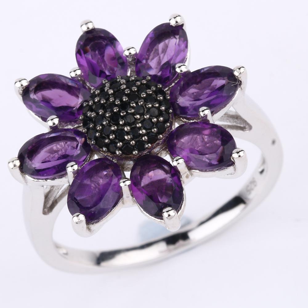 Amethyst Flower Ring, 925 Sterling Silver Black Spinel Cluster Statement Floral Jewelry