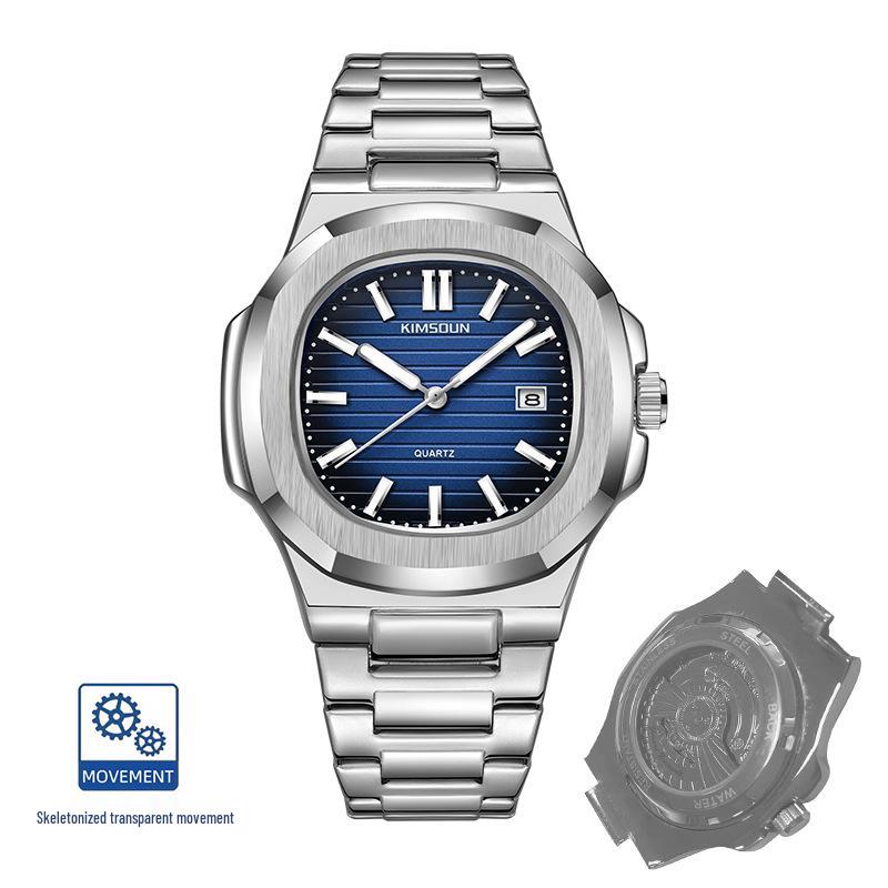 Jin Shidun Men's Luminous Quartz Skeleton Watch with Steel Band and Date Display.