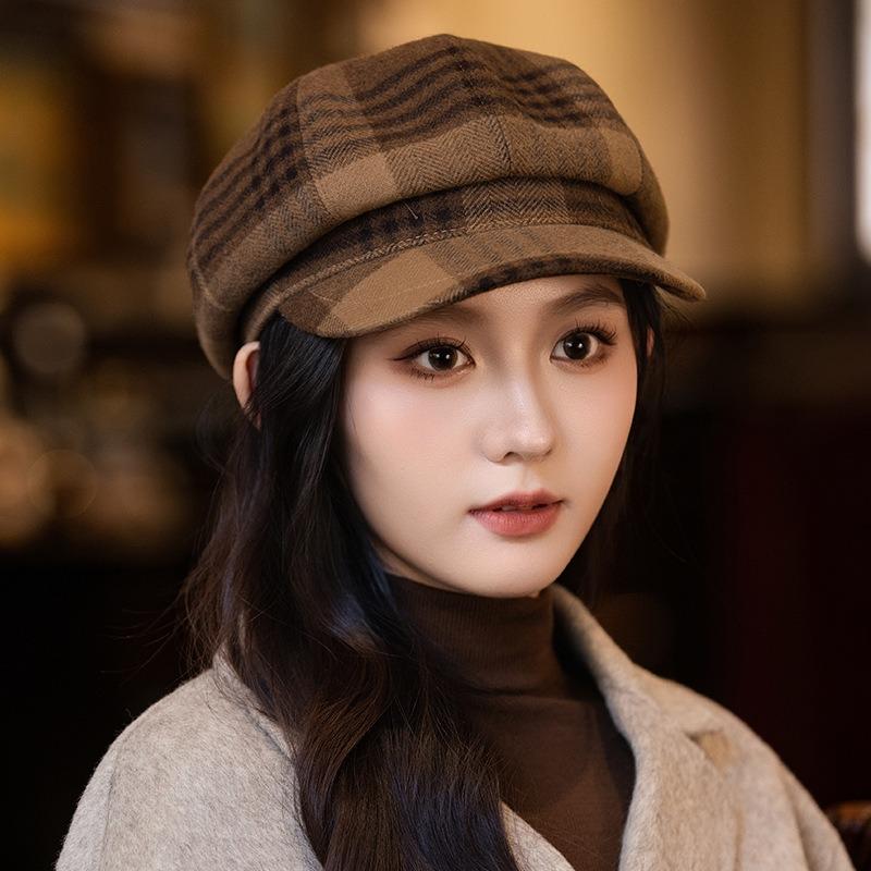 Retro Plaid Octagonal Hat Autumn Hat Women's Big Head Circumference Showing Face Small Beret Versatile Painter Hat
