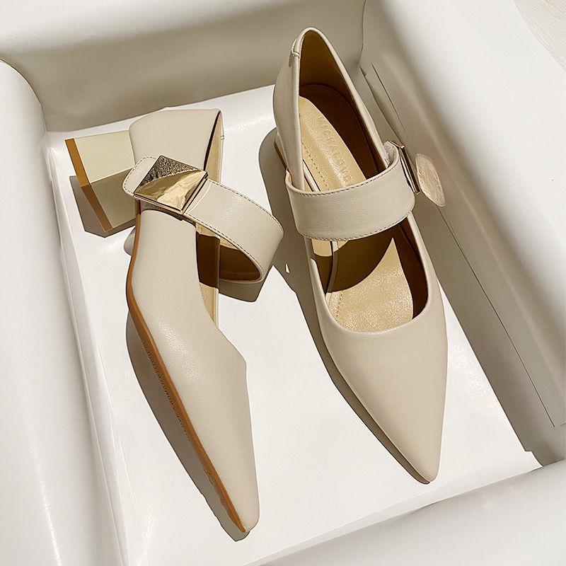 Coarse heel pointed head silver Mary Jane shoes women's 2025 new Velcro word with soft leather temperament high heels