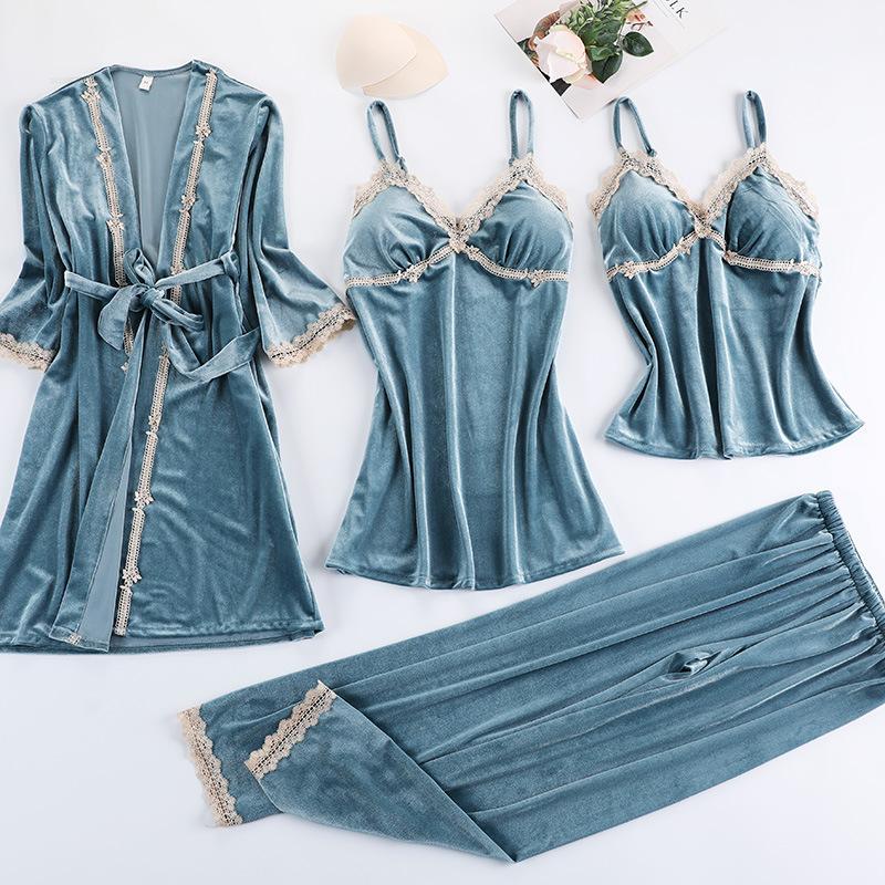 Burgunder Velours Pyjama Anzug Frauen 4PCS Kimono Robe Nachthemd Set Nachtwäsche Dame Winter Warm Gestreiften Gold Samt Bademantel Kleid