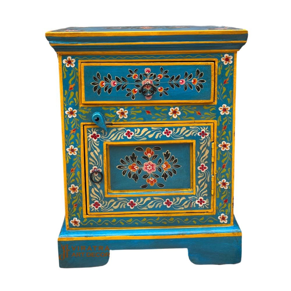 HandPainted Wooden Bedside Cabinet Desk | Blue Floral Nightstand with Drawer & Door Rajasthani Handicrafted Chest Dressers Cabinet Furniture