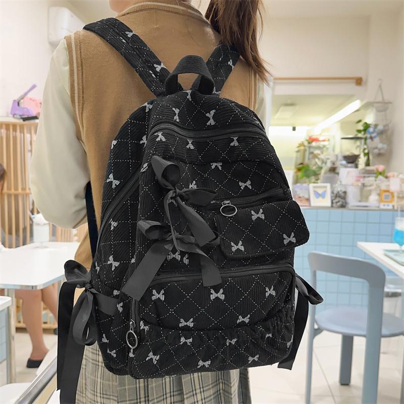 Corduroy Backpack Large Capacity Bow Print Backpack Student Schoolbag