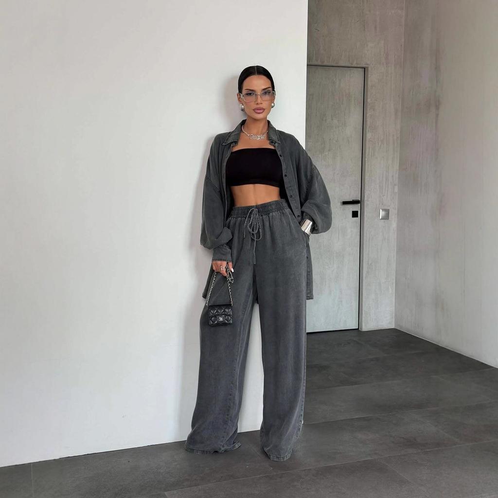  Cross-border European and American Fashion Women's Clothing Amazon Denim Long-sleeved Button-down Wide-leg Casual Pants Commuter Suit