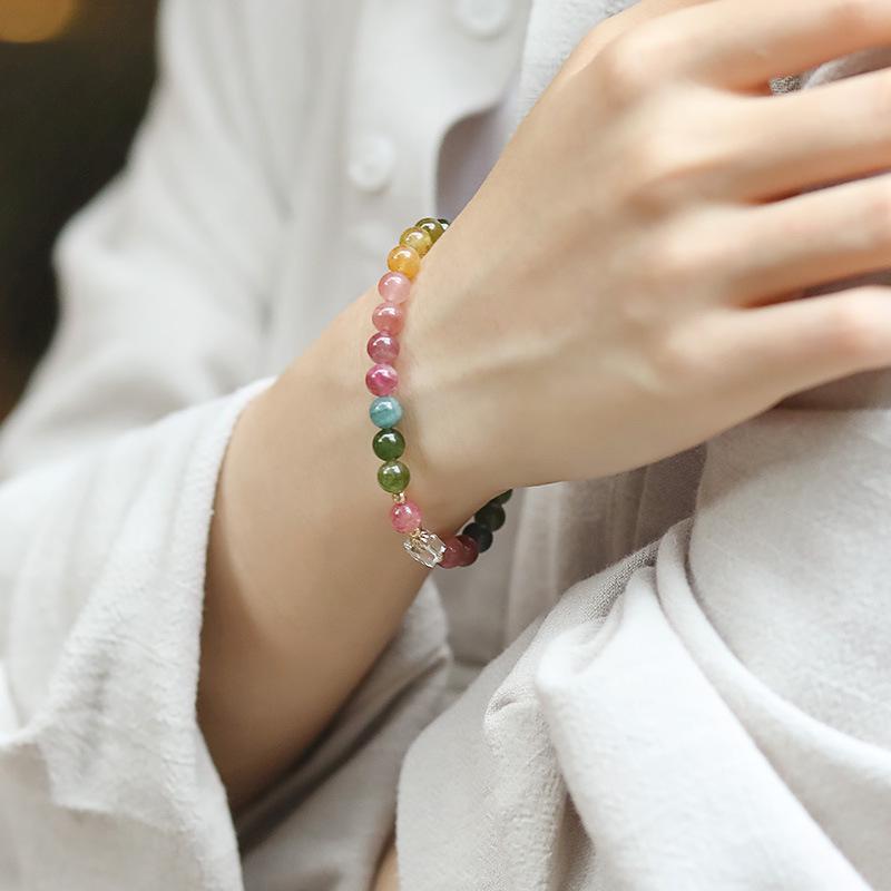 Rainbow Tourmaline Candy Color Bracelet: Natural Brazilian Crystal Beads Gift for Girls by Qiaoen