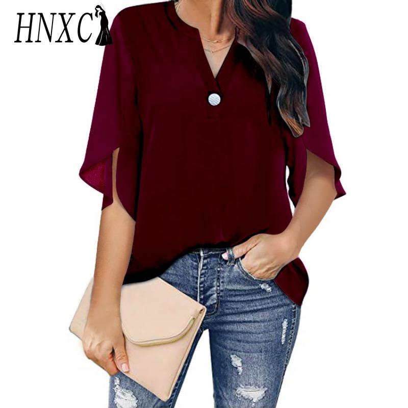 HNXC Women's Fashion Casual Solid Color Print Short Sleeve V Neck Blouses & Shirts