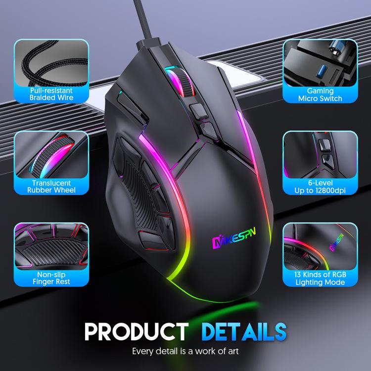 High-Speed 12800DPI RGB Gaming Mouse with 12-Key Macro Definition