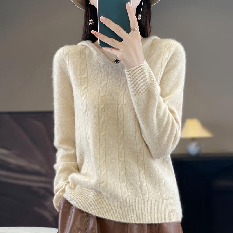 

Женская трикотажная толстовка с капюшоном из 100% шерсти, зимний вязаный пуловер, толстовка, мягкие теплые шерстяные свитера, джемпер, вязаный топ M бежевый