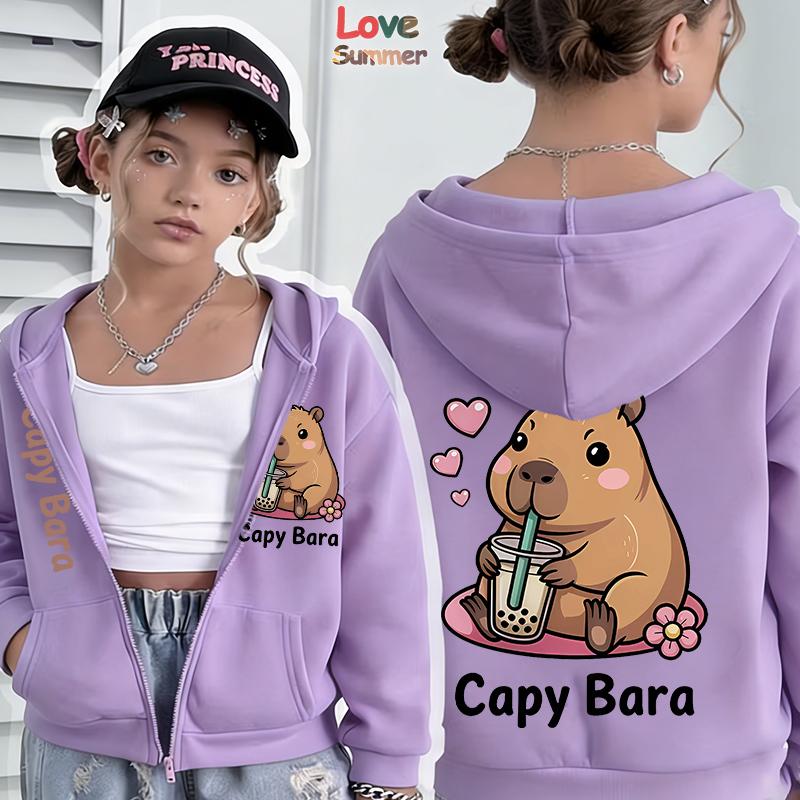 Girls Trendy Capybara Letter Casual Hoodie Spring Autumn Zip Up Hooded for Girls Parties Home Wear Outdoor Sports Ideal Gift