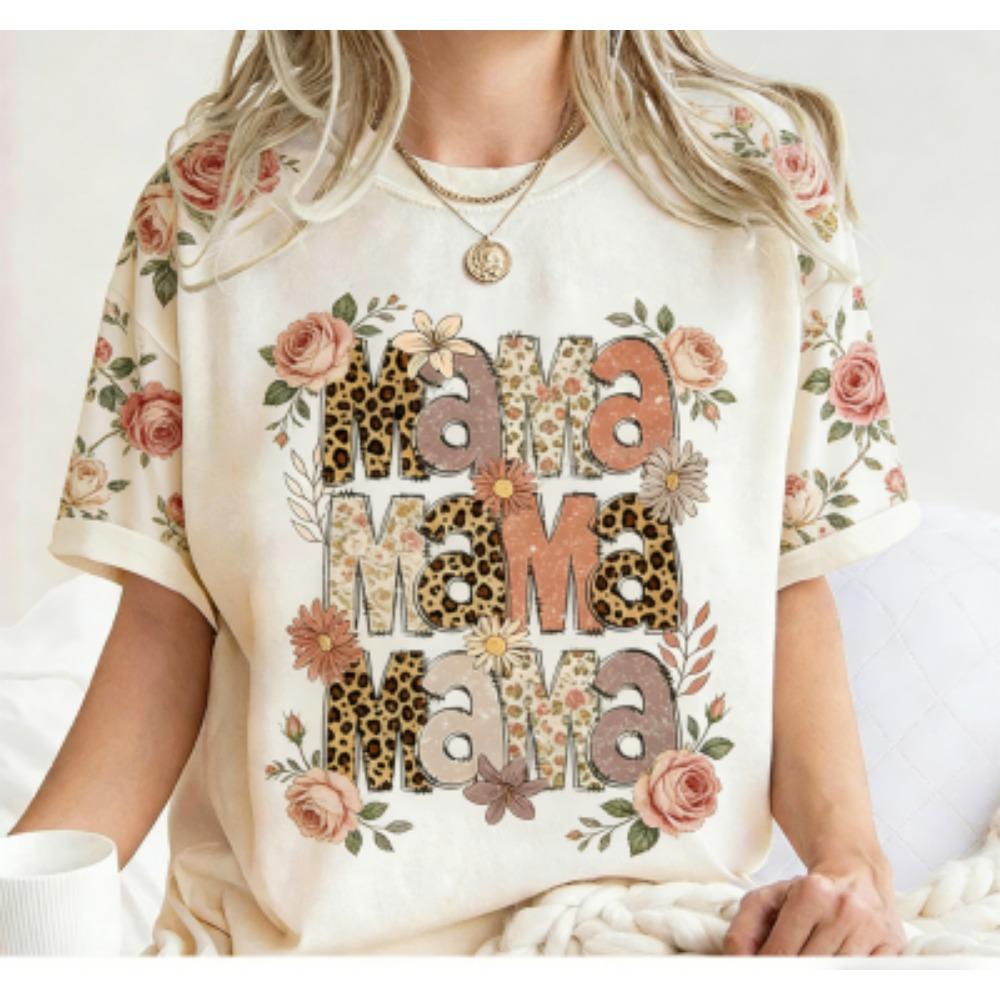 Fashion Funny Flower Leopard Mama Letter Print Women's Short Sleeves T-Shirt Loose Casual Summer Outdoor Street Women's Tees Tops