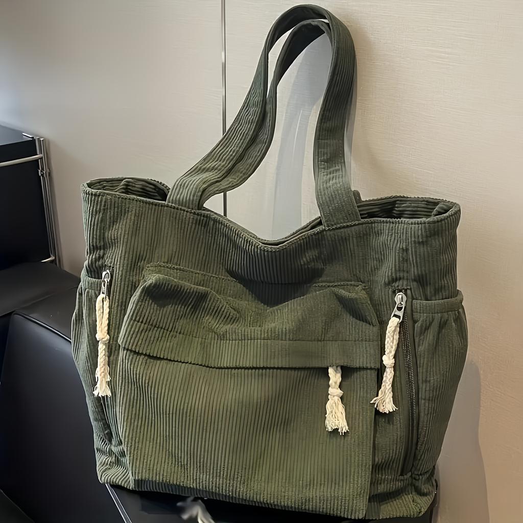 Chic Corduroy Women Handbags Shoulder Bag with Multiple Pockets, Fixed Straps, Zipper Closure, Ideal for Outing, Travel Tote Bag