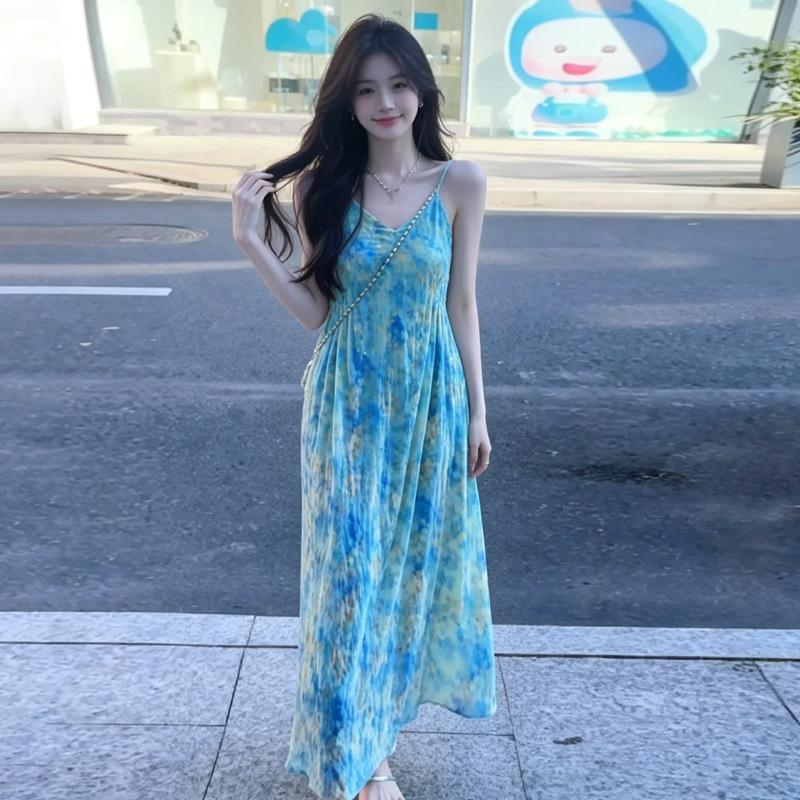 French Blue Floral Spaghetti Strap Dress for Women, Summer 2026 New Stunning Beach Vacation Long Dress