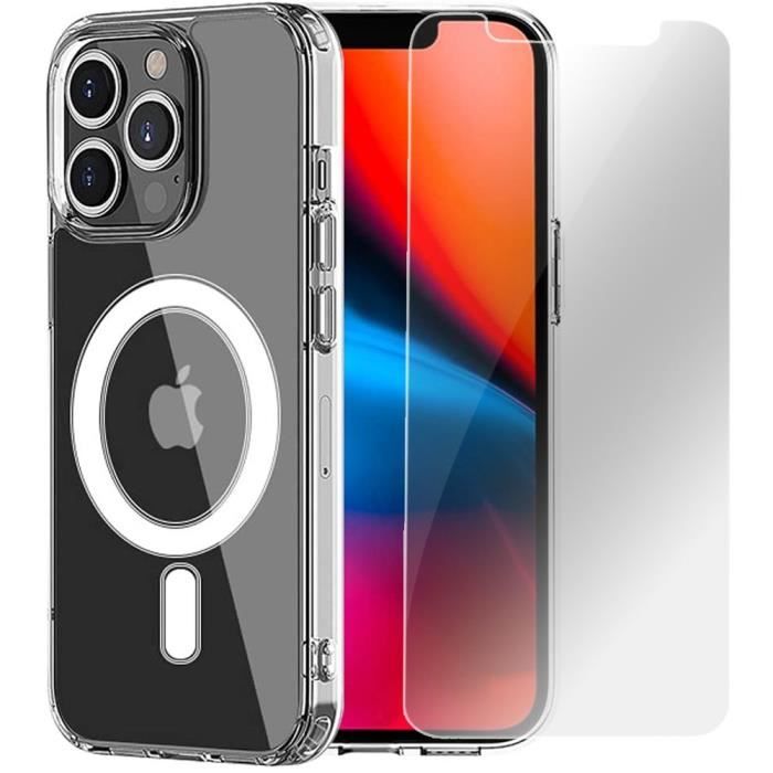 Coque iPhone 13 Pro - Transparent - Cercle Magnétique - 2 Verres Trempés - Protection Ecran - Anti-Jaunissement