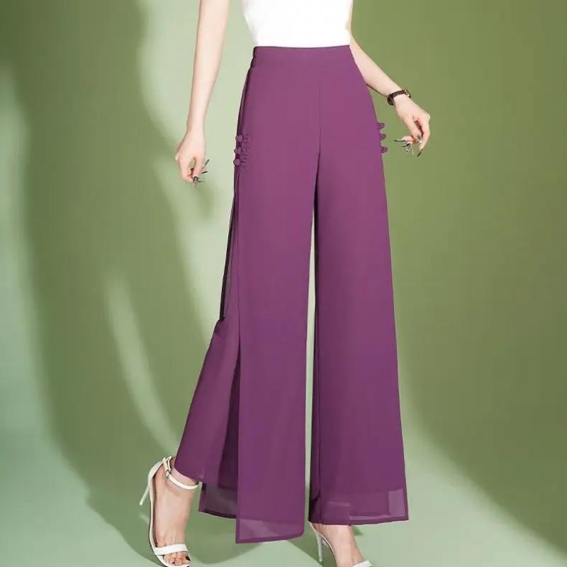 Chiffon Wide-leg Women Summer Thin High Waist Loose Tall Trousers Folded Chinese Style Pants Slit Straight Pants