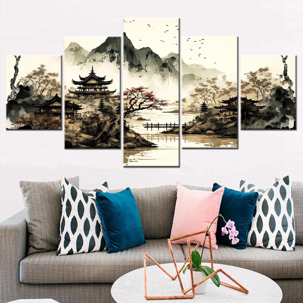 5 Pieces Nuture Canvas Picture Print Vintage Japan Landscape Home Decoration Poster Painting For Living Room Wall Artwork Mural