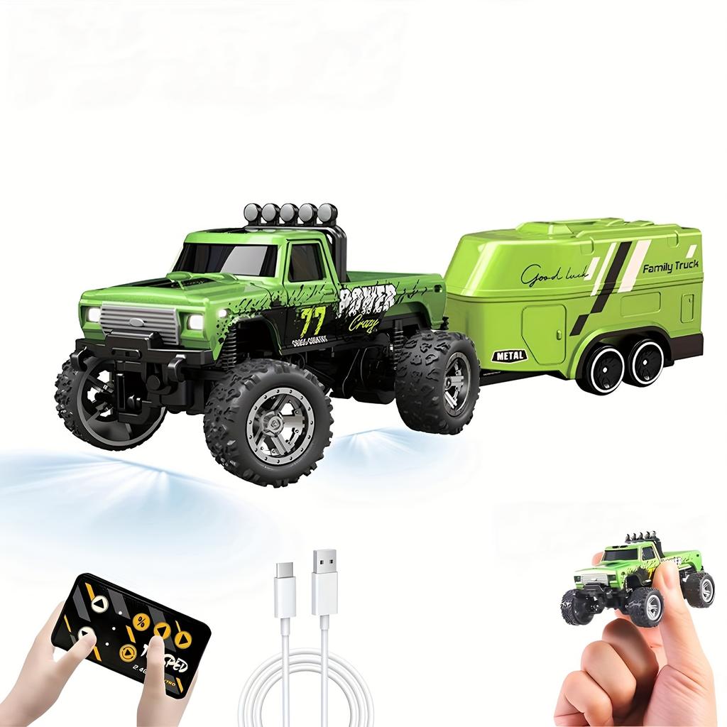 1:64 Scale Mini RC Truck Toy 2.4GHz Off-Road Alloy Truck with Trailer Body Lights Crawler Toy Adjustable Speed Steering Collectible Truck Model Gift