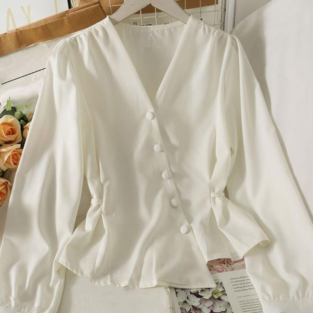 Slim Fit Long Sleeve Shirts V-neck Office Ladies Tops Fashion Button Up Blouse  Office