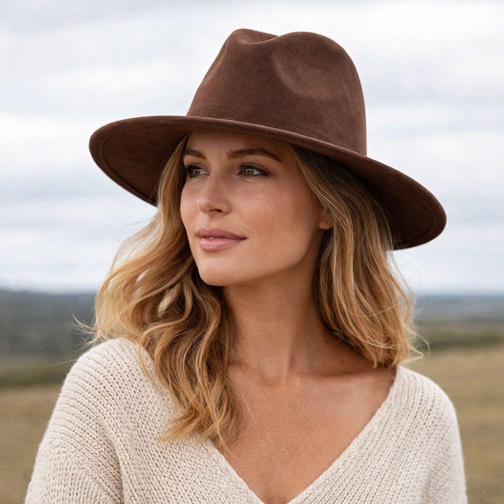 Artificial Suede Western Cowboy Hat Mujer Style Felt Jazz Hats New Roll Brim Cowgirl Cap Men Women