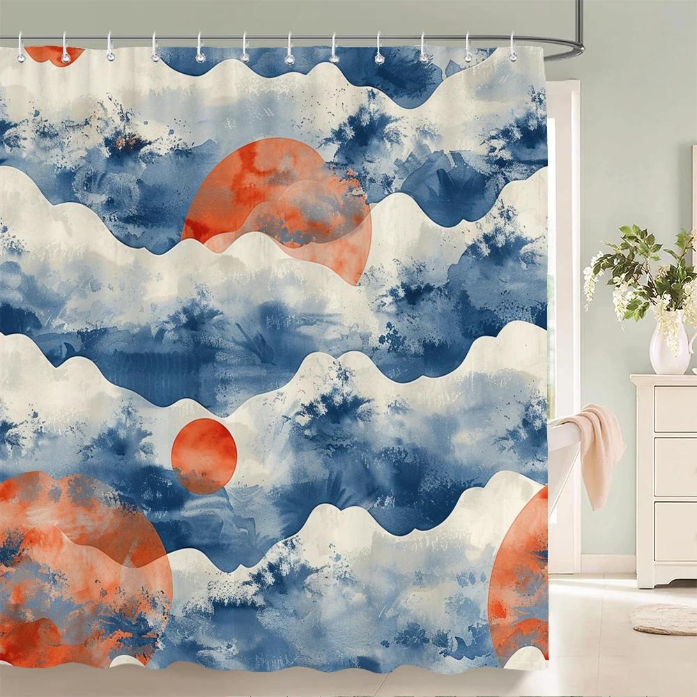 Japanischer Stil Blumen Vogel Duschvorhang Abstrakt Berg Rot Floral Pflanze Tuschekunst Landschaft Stoff Dekor Badezimmervorhänge