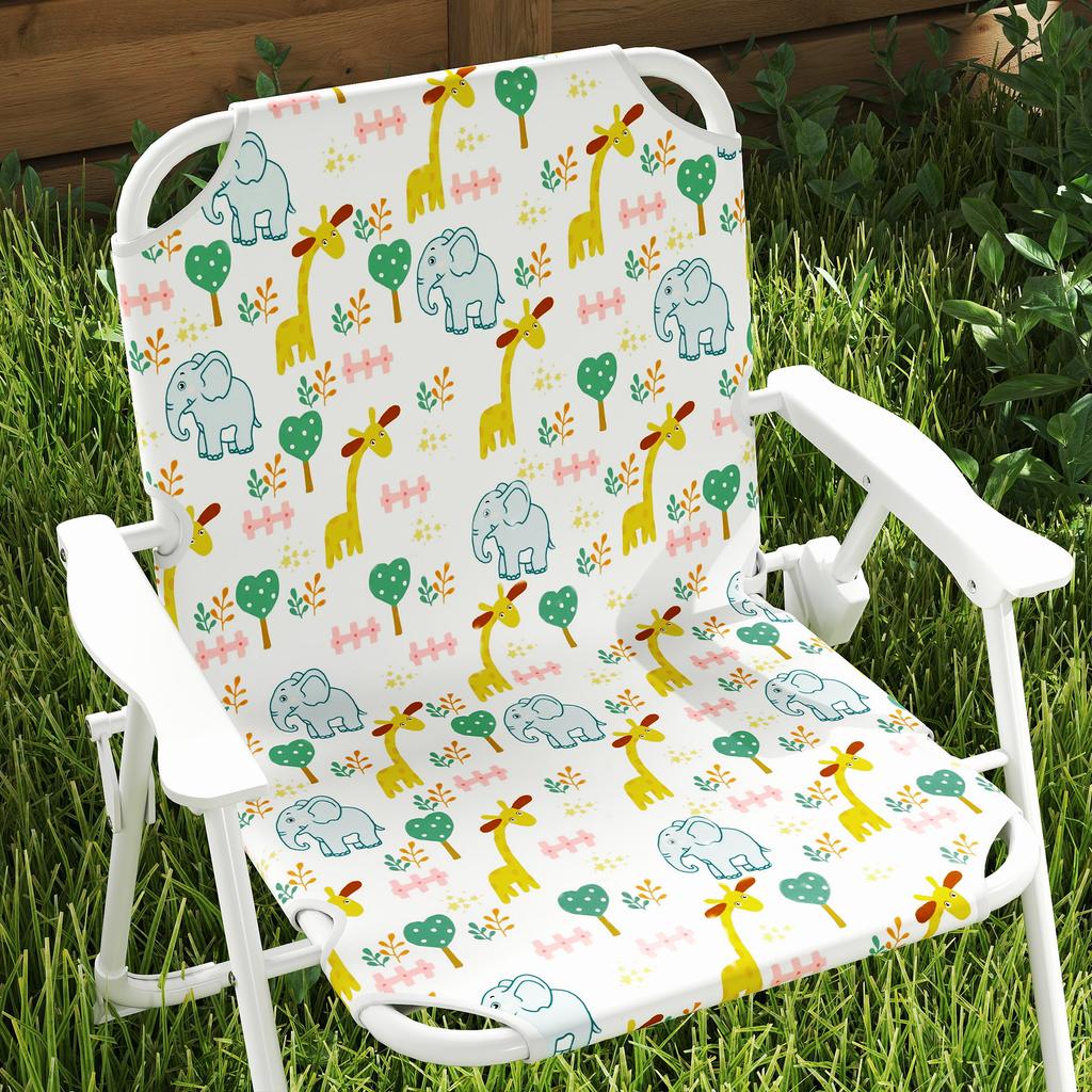 Children's 4-piece outdoor garden furniture set, elephant and giraffe design, adjustable parasol ? 100 cm, folding chair