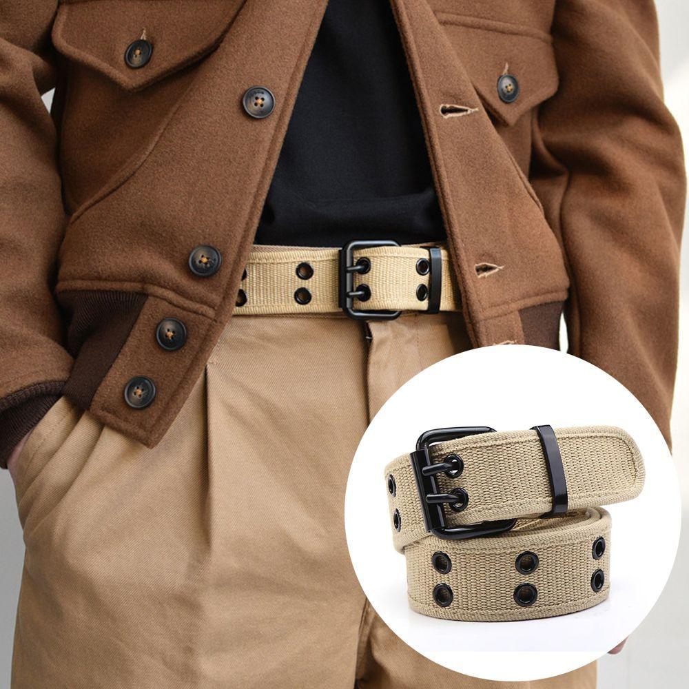 Metal Buckle Canvas Waist Belt Double Row Double Row Buckle Belt Outdoor Men's Belt Leisure Wear